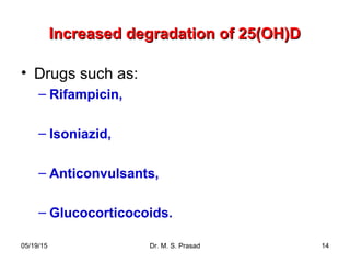 05/19/15 Dr. M. S. Prasad 14
Increased degradation of 25(OH)DIncreased degradation of 25(OH)D
• Drugs such as:
– Rifampicin,
– Isoniazid,
– Anticonvulsants,
– Glucocorticocoids.
 