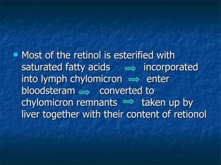 Most of the retinol is esterified with saturated fatty acids  incorporated into lymph chylomicron  enter bloodsteram  converted to chylomicron remnants  taken up by liver together with their content of retionol 