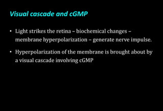 • Light strikes the retina – biochemical changes –
membrane hyperpolarization – generate nerve impulse.
• Hyperpolarization of the membrane is brought about by
a visual cascade involving cGMP
Visual cascade and cGMP
 