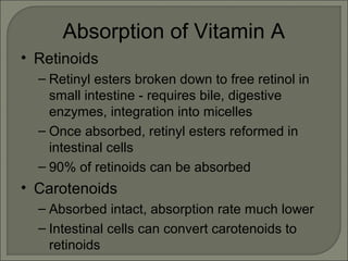 Absorption of Vitamin A
• Retinoids
– Retinyl esters broken down to free retinol in
small intestine - requires bile, digestive
enzymes, integration into micelles
– Once absorbed, retinyl esters reformed in
intestinal cells
– 90% of retinoids can be absorbed
• Carotenoids
– Absorbed intact, absorption rate much lower
– Intestinal cells can convert carotenoids to
retinoids
 