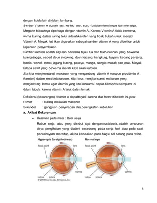 6
dengan lipida lain di dalam lambung.
Sumber Vitamin A adalah hati, kuning telur, susu (didalam lemaknya) dan mentega.
Margarin biasaknya diperkaya dengan vitamin A. Karena Vitamin A tidak berwarna,
warna kuning dalam kuning telur adalah karoten yang tidak diubah untuk menjadi
Vitamin A. Minyak hati ikan digunakan sebagai sumber vitamin A yang diberikan untuk
keperluan penyembuhan.
Sumber karoten adalah sayuran berwarna hijau tua dan buah-buahan yang berwarna
kuning-jingga, seperti daun singkong, daun kacang, kangkung, bayam, kacang panjang,
buncis, wortel, tomat, jagung kuning, papaya, manga, nangka masak dan jeruk. Minyak
kelapa sawit yang berwarna merah kaya akan karoten.
Jika kita mengkonsumsi makanan yang mengandung vitamin A maupun provitamin A
(karoten) dalam jenis betakaroten, kita harus mengkonsumsi makanan yang
mengandung lemak agar vitamin yang kita konsumsi dapat diabsorbsi sempurna di
dalam tubuh, karena vitamin A larut dalam lemak.
Defisiensi (kekurangan) vitamin A dapat terjadi karena dua factor dibawah ini,yaitu:
Primer : kurang masukan makanan
Sekunder : gangguan penyerapan dan peningkatan kebutuhan
a. Akibat Kekurangan
 Kelainan pada mata : Buta senja
Rabun senja, atau yang disebut juga dengan nyctalopia, adalah penurunan
daya penglihatan yang dialami seseorang pada senja hari atau pada saat
pencahayaan meredup, akibat kerusakan pada fungsi sel batang pada retina.
 