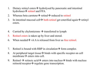 1. Dietary retinyl esters hydrolysed by pancreatic and intestinal
hydrolases retinol and FFA.
2. Whereas beta carotene retinal reduced to retinol
3. In intestinal mucosal cell both retinol get esterified again retinyl
esters.
4. Carried by chylomicrons  transferred to lymph
5. Retinol esters is taken up by liver and stored.
6. When needed vit A is released from liver as free retinol.
7. Retinol is bound with RBP in circulation form complex
8. At peripheral target tissue binds with specific receptor on cell
membrane enters into cell.
9. Retinol  retinoic acid enters into nucleus binds with nucleus
retinoid receptor regulate gene transcription.
 