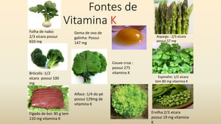 Fontes de
Vitamina K
Folha de nabo:
2/3 xícara possui
650 mg
Brócolis :1/2
xícara possui 100
mg
Fígado de boi: 85 g tem
110 mg vitamina K
Aspargo : 2/3 xícara
possui 57 mg
Espinafre: 1/2 xícara
tem 80 mg vitamina K
Ervilha:2/3 xícara
possui 19 mg vitamina
K
Alface :1/4 do pé
possui 129mg de
vitamina K
Couve crua :
possui 275
vitamina K
Gema de ovo de
galinha: Possui
147 mg
 