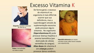 Excesso Vitamina K
Dispnéia: também chamada
de falta de ar
Hiperbilirrubinemia em recém-
nascidos (cujas mães foram tratadas
com vitamina K3).
Rubor: Vermelhidão
no rosto e corpo
De forma geral, o excesso
de vitamina K no
organismo é mais difícil de
ocorrer que sua
deficiência, mas a
superdosagem através da
suplementação excessiva
pode provocar alguns
sintomas . No organismo
(hipervitaminose K) pode
provocar doença hepática e
anemia hemolítica (por
destruição de células
vermelhas do sangue).
Altas doses de vitamina K
em crianças podem
provocar danos cerebrais.
 
