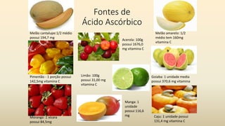 Fontes de
Ácido Ascórbico
Melão cantalupe:1/2 médio
possui 194,7 mg
Pimentão - 1 porção possui
142,5mg vitamina C
Morango :1 xícara
possui 84,5mg
Melão amarelo: 1/2
médio tem 160mg
vitamina C
Goiaba: 1 unidade media
possui 370,6 mg vitamina
Caju: 1 unidade possui
131,4 mg vitamina C
Manga: 1
unidade
possui 116,6
mg
Acerola: 100g
possui 1676,0
mg vitamina C
Limão: 100g
possui 31,00 mg
vitamina C
 