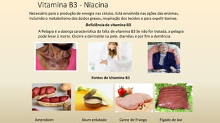 Vitamina B3 - Niacina
Necessário para a produção de energia nas células. Está envolvida nas ações das enzimas,
incluindo o metabolismo dos ácidos graxos, respiração dos tecidos e para expelir toxinas.
Deficiência de vitamina B3
A Pelagra é a doença característica da falta de vitamina B3 Se não for tratada, a pelagra
pode levar à morte. Ocorre a dermatite na pele, diarréias e por fim a demência
Atum enlatado
Amendoim
Fontes de Vitamina B3
Carne de Frango Fígado de boi
 