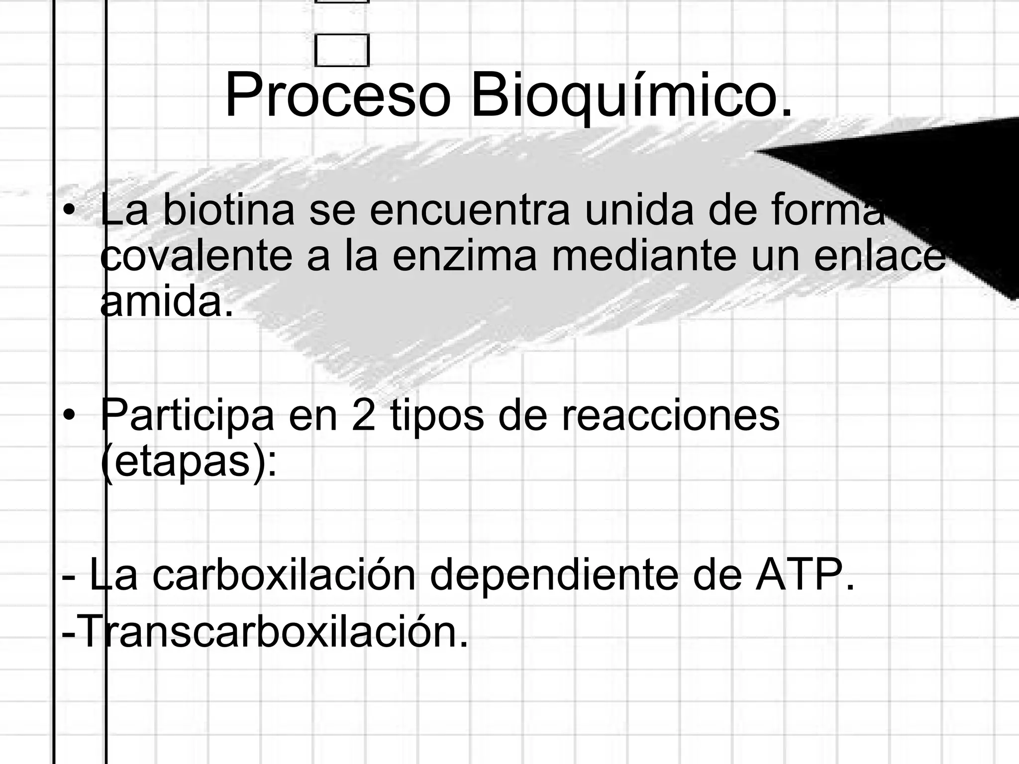 Proceso Bioquímico. La biotina se encuentra unida de forma covalente a la enzima mediante un enlace amida. Participa en 2 tipos de reacciones (etapas): - La carboxilación dependiente de ATP. -Transcarboxilación.  