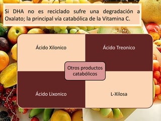 Si DHA no es reciclado sufre una degradación a
Oxalato; la principal vía catabólica de la Vitamina C.
Ácido Xilonico Ácido Treonico
Ácido Lixonico L-Xilosa
Otros productos
catabólicos
 