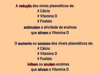 A redução dos níveis plasmáticos de:                      
                    redução
                             

                                        # Cálcio
                                        # Vitamina D 
                                        # Fosfato
                         estimulam a atividade de enzimas
                                 que ativam a Vitamina D
                                     ativam

               O aumento ou excesso dos níveis plasmáticos de:       
                   aumento excesso
                                        # Cálcio
                                        # Vitamina D
                                        # Fosfato
                             inibem ou anulam enzimas 
                             inibem
                                 que ativam a Vitamina D
     
                                        ativam   
 