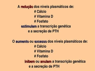                          

                     A redução dos níveis plasmáticos de:                      
                         redução
                               

                                        # Cálcio
                                        # Vitamina D 
                                        # Fosfato
                         estimulam a transcrição genética 
                         estimulam
                                 e a secreção de PTH

               O aumento ou excesso dos níveis plasmáticos de:         
                   aumento excesso
                                        # Cálcio
                                        # Vitamina D
                                        # Fosfato
                             inibem ou anulam a transcrição genética
                             inibem
       
                                  e a secreção de PTH 
                                                  
 