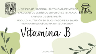 UNIVERSIDAD NACIONAL AUTÓNOMA DE MÉXICO
Vitamina B
FACULTAD DE ESTUDIOS SUPERIORES IZTACALA
CARRERA DE ENFERMERÍA
MODULO: NUTRICIÓN EN EL CUIDADO DE LA SALUD
GRUPO: 1102
PROF: GABRIELA GEORGINA ORTIZ LABASTIDA
 