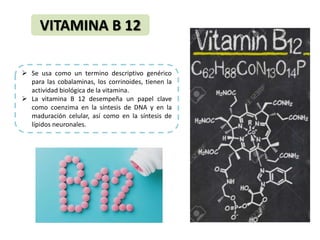 VITAMINA B 12
 Se usa como un termino descriptivo genérico
para las cobalaminas, los corrinoides, tienen la
actividad biológica de la vitamina.
 La vitamina B 12 desempeña un papel clave
como coenzima en la síntesis de DNA y en la
maduración celular, así como en la síntesis de
lípidos neuronales.
 
