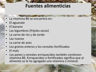 Fuentes alimenticias
• La vitamina B6 se encuentra en:
• El aguacate
• El banano
• Las legumbres (fríjoles secos)
• La carne de res y de cerdo
• Las nueces
• La carne de aves
• Los granos enteros y los cereales fortificados
• El maíz
• Los panes y cereales enriquecidos también contienen
vitamina B6. Enriquecidos o fortificados significa que al
alimento se le ha agregado una vitamina o mineral.
 