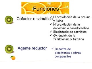 Funciones
Cofactor enzimático
Agente reductor
 Hidroxilación de la prolina
y lisina
 Hidroxilación de la
dopamina a noradrenalina
 Biosintesís de carnitina
 Oxidación de la
fenilalanina y tirosina
 Donante de
electrones a otros
compuestos
 