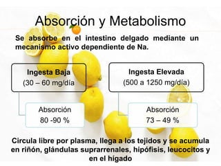 Se absorbe en el intestino delgado mediante un
mecanismo activo dependiente de Na.
Absorción y Metabolismo
Ingesta Baja
(30 – 60 mg/día
Absorción
80 -90 %
Ingesta Elevada
(500 a 1250 mg/día)
Absorción
73 – 49 %
Circula libre por plasma, llega a los tejidos y se acumula
en riñón, glándulas suprarrenales, hipófisis, leucocitos y
en el hígado
 