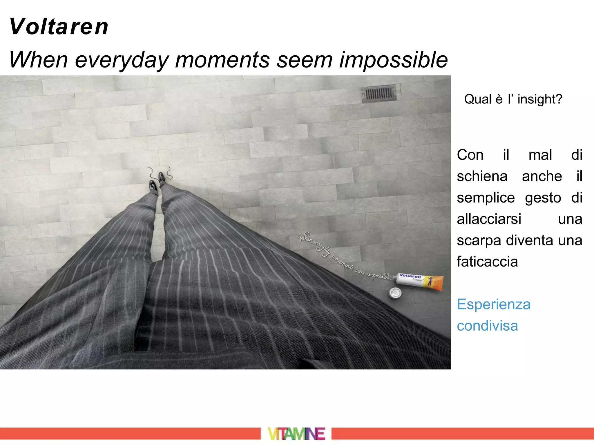 Voltaren
When everyday moments seem impossible
                                         Qual è l’ insight?



                                        Con il mal di
                                        schiena anche il
                                        semplice gesto di
                                        allacciarsi    una
                                        scarpa diventa una
                                        faticaccia

                                        Esperienza
                                        condivisa
 