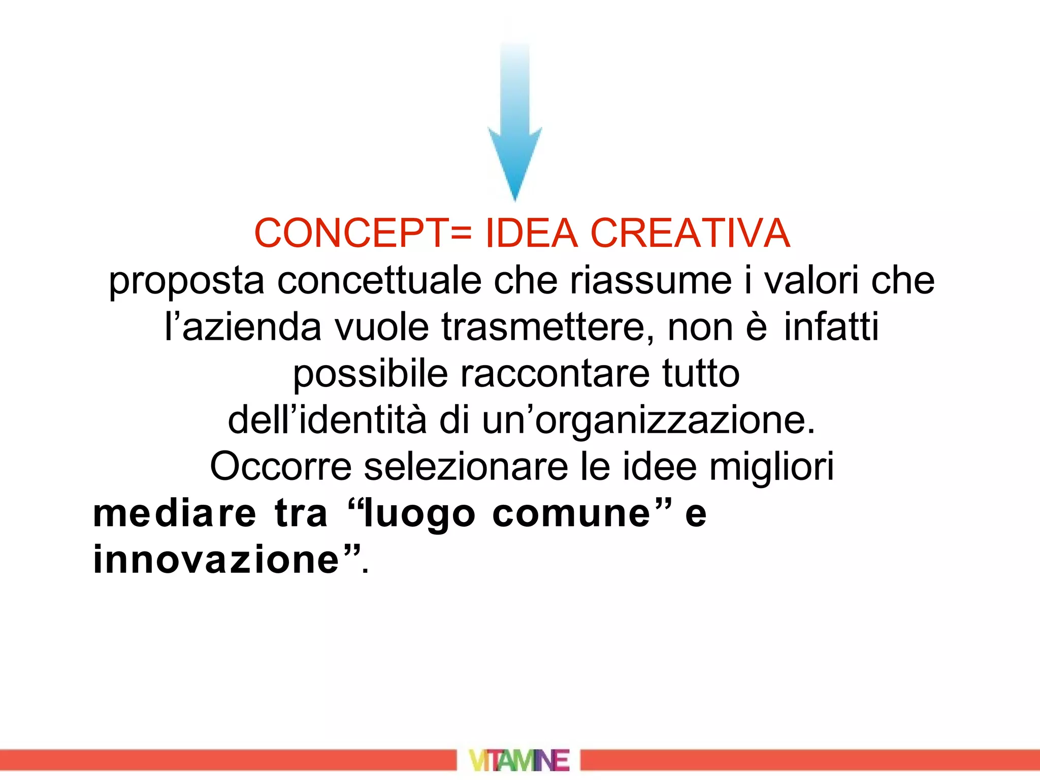 CONCEPT= IDEA CREATIVA
 proposta concettuale che riassume i valori che
    l’azienda vuole trasmettere, non è infatti
            possibile raccontare tutto
        dell’identità di un’organizzazione.
       Occorre selezionare le idee migliori
mediare tra “luogo comune” e
innovazione”.
 