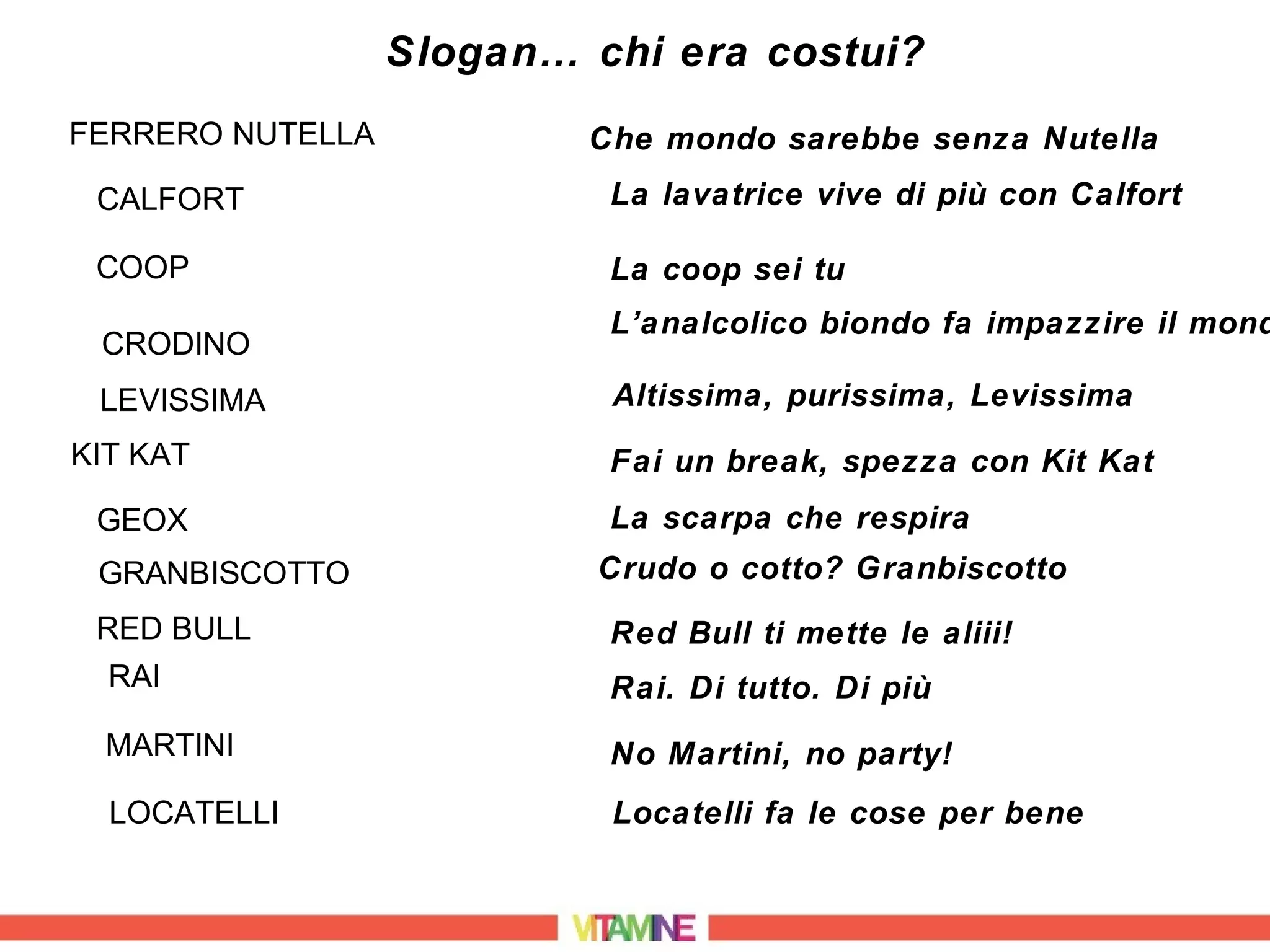 Slogan… chi era costui?
FERRERO NUTELLA           Che mondo sarebbe senza Nutella
 CALFORT                   La lavatrice vive di più con Calfort

 COOP                      La coop sei tu
                           L’analcolico biondo fa impazzire il mond
 CRODINO
 LEVISSIMA                 Altissima, purissima, Levissima
KIT KAT                    Fai un break, spezza con Kit Kat
 GEOX                      La scarpa che respira
 GRANBISCOTTO              Crudo o cotto? Granbiscotto
 RED BULL                  Red Bull ti mette le aliii!
  RAI                      Rai. Di tutto. Di più
  MARTINI                  No Martini, no party!
  LOCATELLI                Locatelli fa le cose per bene
 