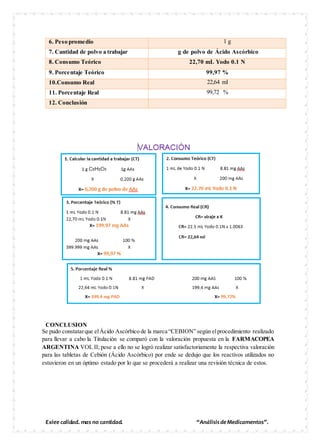 Exige calidad, mas no cantidad. “AnálisisdeMedicamentos”.
6. Peso promedio 1 g
7. Cantidad de polvo a trabajar g de polvo de Ácido Ascórbico
8. Consumo Teórico 22,70 mL Yodo 0.1 N
9. Porcentaje Teórico 99,97 %
10.Consumo Real 22,64 ml
11. Porcentaje Real 99,72 %
12. Conclusión
CONCLUSION
Se pudo constatarque elÁcido Ascórbico de la marca “CEBION” según elprocedimiento realizado
para llevar a cabo la Titulación se comparó con la valoración propuesta en la FARMACOPEA
ARGENTINA VOL II; pese a ello no se logró realizar satisfactoriamente la respectiva valoración
para las tabletas de Cebión (Ácido Ascórbico) por ende se dedujo que los reactivos utilizados no
estuvieron en un óptimo estado por lo que se procederá a realizar una revisión técnica de estos.
 
