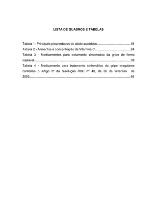 9




                                 LISTA DE QUADROS E TABELAS



Tabela 1- Principais propriedades do ácido ascórbico......................................18
Tabela 2 - Alimentos e concentração de Vitamina C.........................................24
Tabela 3 - Medicamentos para tratamento sintomático da gripe de forma
injetável..............................................................................................................39
Tabela 4 - Medicamento para tratamento sintomático da gripe irregulares
conforme o artigo 5º da resolução RDC nº 40, de 26 de fevereiro                                                      de
2003...................................................................................................................40
 