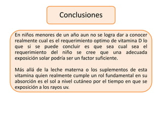 Conclusiones

En niños menores de un año aun no se logra dar a conocer
realmente cual es el requerimiento optimo de vitamina D lo
que si se puede concluir es que sea cual sea el
requerimiento del niño se cree que una adecuada
exposición solar podría ser un factor suficiente.

Más allá de la leche materna o los suplementos de esta
vitamina quien realmente cumple un rol fundamental en su
absorción es el sol a nivel cutáneo por el tiempo en que se
exposición a los rayos uv.
 