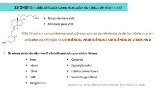 25(OH)D têm sido utilizada como marcador do status de vitamina D
Não há um consenso internacional sobre os valores de referência deste hormônio a serem
utilizados na definição de DEFICIÊNCIA, INSUFICIÊNCIA E SUFICIÊNCIA DE VITAMINA D
(HOLICK et al., 2012; MANGIN; SINHA; FINCHER, 2014; ROSS et al., 2011)
 Os níveis sérios de vitamina D são influenciados por vários fatores:
 Sexo
 Idade
 Etnia
 IMC
 Geográficos
 Culturais
 Exposição solar
 Hábitos alimentares
 Variantes genéticas
 Tempo de meia vida
 Afinidade pelo VDR
 
