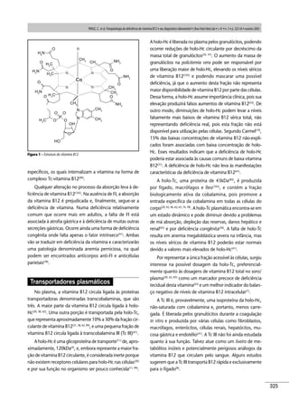 325
PANIZ, C. et al. Fisiopatologia da deﬁciência de vitamina B12 e seu diagnóstico laboratorial • J Bras Patol Med Lab • v. 41 • n. 5 • p. 323-34 • outubro 2005
especíﬁcos, os quais internalizam a vitamina na forma de
complexo Tc-vitamina B12(99)
.
Qualquer alteração no processo da absorção leva à de-
ﬁciência de vitamina B12(105)
. Na ausência de FI, a absorção
da vitamina B12 é prejudicada e, ﬁnalmente, segue-se a
deﬁciência de vitamina. Numa deﬁciência relativamente
comum que ocorre mais em adultos, a falta de FI está
associada à atroﬁa gástrica e à deﬁciência de muitas outras
secreções gástricas. Ocorre ainda uma forma de deﬁciência
congênita onde falta apenas o fator intrínseco(41)
. Ambas
vão se traduzir em deﬁciência da vitamina e caracterizarão
uma patologia denominada anemia perniciosa, na qual
podem ser encontrados anticorpos anti-FI e anticélulas
parietais(58)
.
Transportadores plasmáticos
No plasma, a vitamina B12 circula ligada às proteínas
transportadoras denominadas transcobalaminas, que são
três. A maior parte da vitamina B12 circula ligada à holo-
Hc(20, 38, 62)
. Uma outra porção é transportada pela holo-Tc,
que representa aproximadamente 10% a 30% da fração cir-
culante de vitamina B12(31, 38, 62, 99)
, e uma pequena fração de
vitamina B12 circula ligada à transcobalamina III (Tc III)(41)
.
A holo-Hc é uma glicoproteína de transporte(11)
de, apro-
ximadamente, 120kDa(4)
, e, embora represente a maior fra-
ção de vitamina B12 circulante, é considerada inerte porque
não existem receptores celulares para holo-Hc nas células(20)
e por sua função no organismo ser pouco conhecida(11, 99)
.
A holo-Hc é liberada no plasma pelos granulócitos, podendo
ocorrer reduções de holo-Hc circulante por decréscimo da
massa total de granulócitos(32, 41)
. O aumento da massa de
granulócitos na policitemia vera pode ser responsável por
uma liberação maior de holo-Hc, elevando os níveis séricos
de vitamina B12(105)
e podendo mascarar uma possível
deﬁciência, já que o aumento desta fração não representa
maior disponibilidade de vitamina B12 por parte das células.
Dessa forma, a holo-Hc assume importância clínica, pois sua
elevação produzirá falsos aumentos de vitamina B12(55)
. De
outro modo, diminuições de holo-Hc podem levar a níveis
falsamente mais baixos de vitamina B12 sérica total, não
representando deﬁciência real, pois esta fração não está
disponível para utilização pelas células. Segundo Carmel(19)
,
15% das baixas concentrações de vitamina B12 não-expli-
cados foram associadas com baixa concentração de holo-
Hc. Esses resultados indicam que a deﬁciência de holo-Hc
poderia estar associada às causas comuns de baixa vitamina
B12(21)
. A deﬁciência de holo-Hc não leva às manifestações
características da deﬁciência de vitamina B12(41)
.
A holo-Tc, uma proteína de 43kDa(84)
, é produzida
por fígado, macrófagos e íleo(105)
, e contém a fração
biologicamente ativa da cobalamina, pois promove a
entrada especíﬁca da cobalamina em todas as células do
corpo(20, 42, 46, 62, 63, 74, 78)
. A holo-Tc plasmática encontra-se em
um estado dinâmico e pode diminuir devido a problemas
de má absorção, depleção das reservas, danos hepático e
renal(63)
e por deﬁciência congênita(26)
. A falta de holo-Tc
resulta em anemia megaloblástica severa na infância, mas
os níveis séricos de vitamina B12 poderão estar normais
devido a valores mais elevados de holo-Hc(41)
.
Por representar a única fração acessível às células, surgiu
interesse na possível dosagem da holo-Tc, preferencial-
mente quanto às dosagens de vitamina B12 total no soro/
plasma(20, 62, 85)
como um marcador precoce de deﬁciência
tecidual desta vitamina(63)
e um melhor indicador do balan-
ço negativo de níveis de vitamina B12 intracelular(1)
.
A Tc III é, provavelmente, uma isoproteína da holo-Hc,
não-saturada com cobalamina e, portanto, menos carre-
gada. É liberada pelos granulócitos durante a coagulação
in vitro e produzida por várias células como ﬁbroblastos,
macrófagos, enterócitos, células renais, hepatócitos, mu-
cosa gástrica e endotélio(41)
. A Tc III não foi ainda estudada
quanto à sua função. Talvez atue como um lixeiro de me-
tabólitos inúteis e potencialmente perigosos análogos da
vitamina B12 que circulam pelo sangue. Alguns estudos
sugerem que a Tc III transporta B12 rápida e exclusivamente
para o fígado(8)
.
Figura 1 – Estrutura da vitamina B12
RO
O
N
N
N N
N
N
O
O
O
Co
O
O
O O
OH
HO
O
O
O
P
H2
N
H2
N
H2
N
H3
C
H3
C
H3
C
H3
C
CH3
CH3
CH3
CH3
NH2
NH2
NH2
CH3
CH3
CH3
 