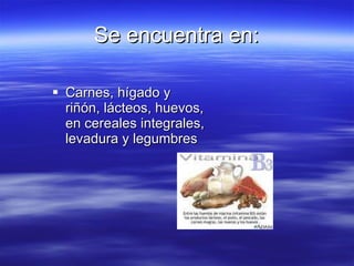 Se encuentra en: Carnes, hígado y riñón, lácteos, huevos, en cereales integrales, levadura y legumbres 