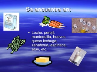 Se encuentra en: Leche, perejil, mantequilla, huevos, queso lechuga, zanahoria, espinaca, atún, etc. 