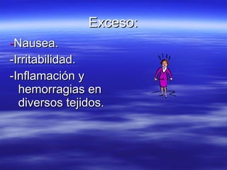Exceso: - Nausea. -Irritabilidad. -Inflamación y hemorragias en diversos tejidos. 