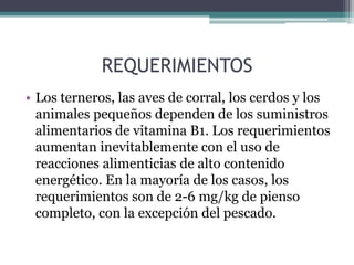 REQUERIMIENTOS
• Los terneros, las aves de corral, los cerdos y los
  animales pequeños dependen de los suministros
  alimentarios de vitamina B1. Los requerimientos
  aumentan inevitablemente con el uso de
  reacciones alimenticias de alto contenido
  energético. En la mayoría de los casos, los
  requerimientos son de 2-6 mg/kg de pienso
  completo, con la excepción del pescado.
 
