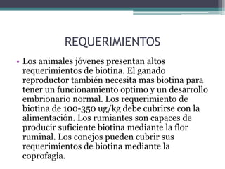 REQUERIMIENTOS
• Los animales jóvenes presentan altos
  requerimientos de biotina. El ganado
  reproductor también necesita mas biotina para
  tener un funcionamiento optimo y un desarrollo
  embrionario normal. Los requerimiento de
  biotina de 100-350 ug/kg debe cubrirse con la
  alimentación. Los rumiantes son capaces de
  producir suficiente biotina mediante la flor
  ruminal. Los conejos pueden cubrir sus
  requerimientos de biotina mediante la
  coprofagia.
 