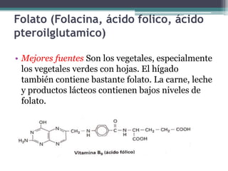 Folato (Folacina, ácido folico, ácido
pteroilglutamico)

• Mejores fuentes Son los vegetales, especialmente
  los vegetales verdes con hojas. El hígado
  también contiene bastante folato. La carne, leche
  y productos lácteos contienen bajos niveles de
  folato.
 
