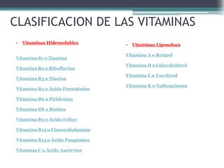 CLASIFICACION DE LAS VITAMINAS
•   Vitaminas Hidrosolubles       •   Vitaminas Liposolues

                                  Vitamina A o Retinol
Vitamina B1 o Tiamina
                                  Vitamina D o Colecalciferol
Vitamina B2 o Riboflavina
                                  Vitamina E o Tocoferol
Vitamina B3 o Niacina
                                  Vitamina K o Naftoquinona
Vitamina B5 o Ácido Pantoténico

Vitamina B6 o Piridoxina

Vitamina B8 o Biotina

Vitamina B9 o Ácido Fólico

Vitamina B12 o Cianocobalamina

Vitamina B15 o Ácido Pangámico

Vitamina C o Ácido Ascórvico
 