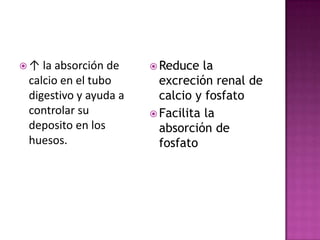 ↑ la absorción de     Reduce   la
calcio en el tubo       excreción renal de
digestivo y ayuda a     calcio y fosfato
controlar su           Facilita la
deposito en los         absorción de
huesos.                 fosfato
 