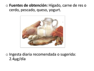 o Fuentes de obtención: Hígado, carne de res o
  cerdo, pescado, queso, yogurt.




o Ingesta diaria recomendada o sugerida:
  2.4µg/día
 