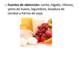 o Fuentes de obtención: Leche, hígado, riñones,
  yema de huevo, legumbres, levadura de
  cerveza y harina de soya.
 