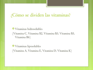 ¿Cómo se dividen las vitaminas?

 Vitaminas hidrosolubles
(Vitamina C, Vitamina B2, Vitamina B3, Vitamina B5,
  Vitamina B6)

 Vitaminas liposolubles
(Vitamina A, Vitamina E, Vitamina D, Vitamina K)
 