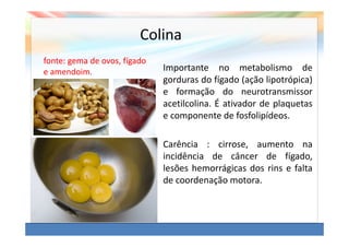 Colina
fonte: gema de ovos, fígado
e amendoim.                   Importante no metabolismo de
                              gorduras do fígado (ação lipotrópica)
                              e formação do neurotransmissor
                              acetilcolina. É ativador de plaquetas
                              e componente de fosfolipídeos.

                              Carência : cirrose, aumento na
                              incidência de câncer de fígado,
                              lesões hemorrágicas dos rins e falta
                              de coordenação motora.
 