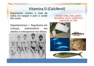 Vitamina D (Calciferol)
Importante: manter o nível do
cálcio no sangue e para a saúde      Fontes: Leite, ovos, peixes
dos ossos.                          (bacalhau, atum, sardinha) e
                                         exposição ao SOL
Hipovitaminose = Raquitismo em
crianças,    osteomalácia     nos
adultos e osteoporose nos idosos.
 