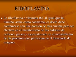 RIBOFLAVINA
 La riboflavina o vitamina B2, al igual que la
tiamina, actúa como coenzima, es decir, debe
combinarse con una porción de otra enzima para ser
efectiva en el metabolismo de los hidratos de
carbono, grasas y especialmente en el metabolismo
de las proteínas que participan en el transporte de
oxígeno.
 
