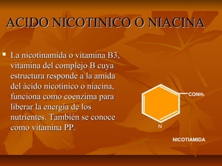 ACIDO NICOTINICO O NIACINAACIDO NICOTINICO O NIACINA
 La nicotinamida o vitamina B3,La nicotinamida o vitamina B3,
vitamina del complejo B cuyavitamina del complejo B cuya
estructura responde a la amidaestructura responde a la amida
del ácido nicotínico o niacina,del ácido nicotínico o niacina,
funciona como coenzima parafunciona como coenzima para
liberar la energía de losliberar la energía de los
nutrientes. También se conocenutrientes. También se conoce
como vitamina PP.como vitamina PP. N
CONH2
NICOTIAMIDA
 