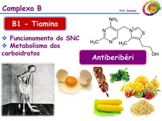 Complexo B                      Prof. Emanuel




  B1 - Tiamina
 Funcionamento do SNC
 Metabolismo dos
carboidratos
                         Antiberibéri
 