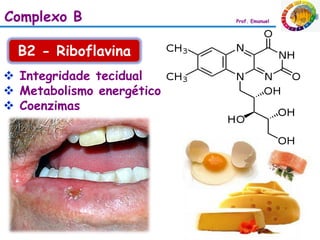 Complexo B                 Prof. Emanuel




  B2 - Riboflavina
 Integridade tecidual
 Metabolismo energético
 Coenzimas
 