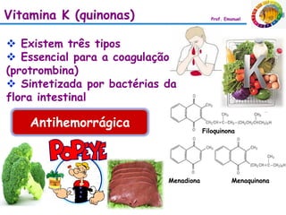 Vitamina K (quinonas)                      Prof. Emanuel




 Existem três tipos
 Essencial para a coagulação
(protrombina)
 Sintetizada por bactérias da
flora intestinal

    Antihemorrágica
                                        Filoquinona




                            Menadiona              Menaquinona
 