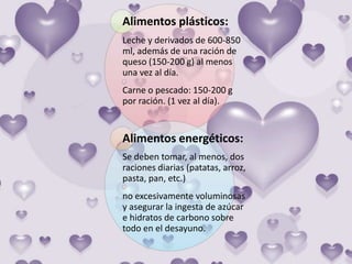 Alimentos plásticos:
Leche y derivados de 600-850
ml, además de una ración de
queso (150-200 g) al menos
una vez al día.
Carne o pescado: 150-200 g
por ración. (1 vez al día).
Alimentos energéticos:
Se deben tomar, al menos, dos
raciones diarias (patatas, arroz,
pasta, pan, etc.)
no excesivamente voluminosas
y asegurar la ingesta de azúcar
e hidratos de carbono sobre
todo en el desayuno.
 