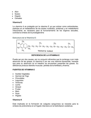 Atún
Queso
Hígado
Cereales
Vitamina E
La vitamina A es protegida por la vitamina E ya que actúan como antioxidantes,
participa en el metabolismo de los ácidos nucleídos, proteínas y en metabolismo
mitocondrial, es necesaria para el funcionamiento de los órganos sexuales,
controla la síntesis de la prostaglandina
Estructura de la Vitamina E:
DEFICIENCIA DE LA VITAMINA E
Puede ser por dos causas, por no consumir alimentos que la contenga o por mala
absorción de las grasas; la vitamina E por ser una vitamina liposoluble, necesita
que para su absorción en el intestino se encuentren presentes las grasas. Su
deficiencia produce distrofia muscular, pérdida de la fertilidad y Anemia.
FUENTES DE VITAMINA E
Aceites Vegetales
Germen de Trigo
Chocolates
Legumbre
Verduras
Leche
Girasol
Frutas
Maíz
Soya
Hígado
Vitamina K
Está implicada en la formación de coágulos sanguíneos se necesita para la
síntesis de protrombina en el hígado interviene en la fosforilacion oxidativas.
 