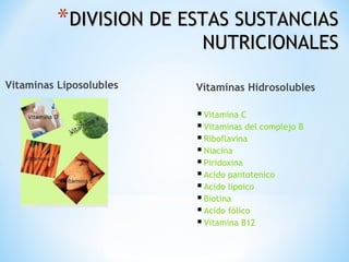*DIVISION DE ESTAS SUSTANCIAS

NUTRICIONALES

Vitaminas Liposolubles

Vitaminas Hidrosolubles

 Vitamina C
 Vitaminas del complejo B
 Riboflavina
 Niacina
 Piridoxina
 Acido pantotenico
 Acido lipoico
 Biotina
 Acido fólico
 Vitamina B12

 
