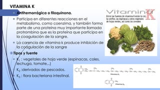 VITAMINA K
 Antihemorrágica o filoquinona.
 Participa en diferentes reacciones en el
metabolismo, como coenzima, y también forma
parte de una proteína muy importante llamada
protrombina que es la proteína que participa en
la coagulación de la sangre.
 La carencia de vitamina k produce inhibición de
la coagulación de la sangre
Tipos y fuente
 K1 : vegetales de hoja verde (espinacas, coles,
lechuga, tomate,..)
 K2 :derivados de pescados.
 K3 : flora bacteriana intestinal.

 