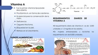 Vitamina A
 Fue la primer vitamina liposoluble
descubierta.
 Provitamina A, en forma de carotenos.
 Es esencial para la conservación de la
visión.
 Deficiencia:
 Ceguera Nocturna.
 Sequedad en la piel.
 Retraso en el crecimiento.

REQUERIMIENTOS
VITAMINA A

DIARIOS

DE

El requerimiento diario de vitamina A es de 5.000
unidades o 1.5 mg/día en los adultos.

En

mujeres

embarazadas

y

lactantes

requerimiento son de 8.000 unidades.

FUENTES ALIMENTICIAS

los

 
